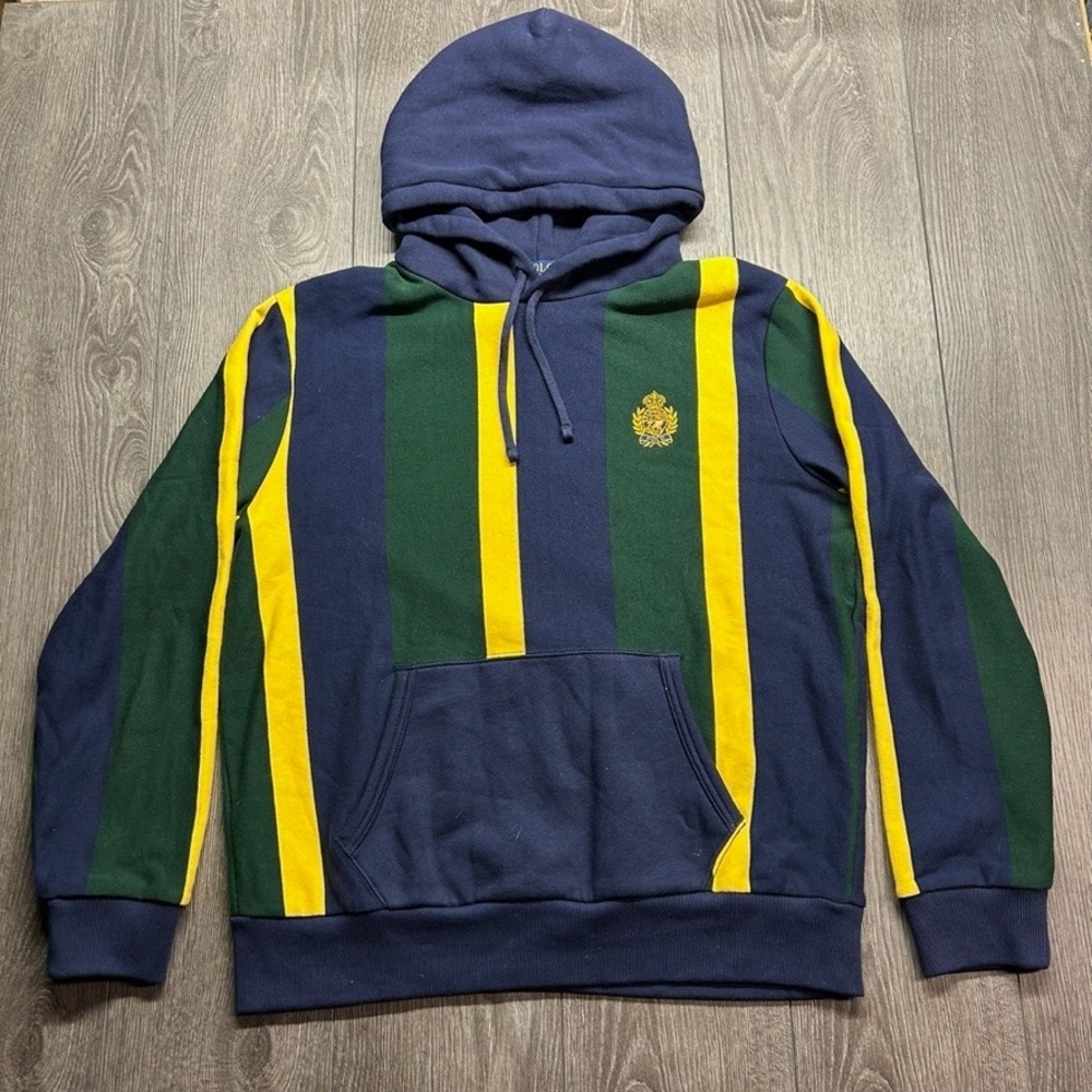 Polo Ralph Lauren Mens Large Striped Crest Logo Hoodie Navy Green Yellow Prep